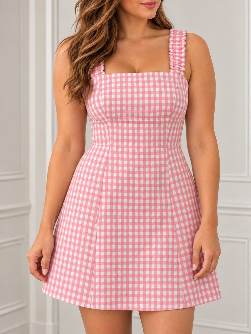 Pink Gingham Square-Neck Sundress